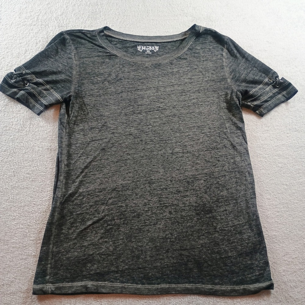 Mudd Womens T-Shirt Charcoal Gray XXS Lace Up Sleeve Detail Grunge Fairy Core